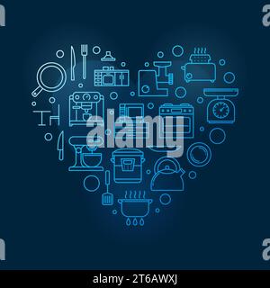 Kitchen vector concept blue modern heart shaped illustration or banner in linear style Stock Vector