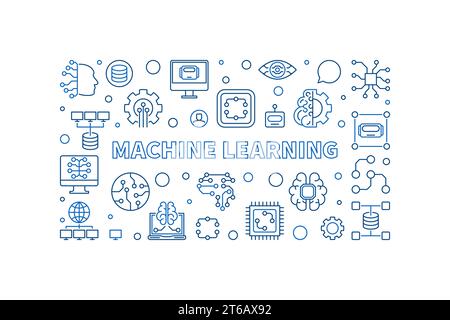 Machine Learning concept line banner. ML vector creative outline horizontal illustration Stock Vector