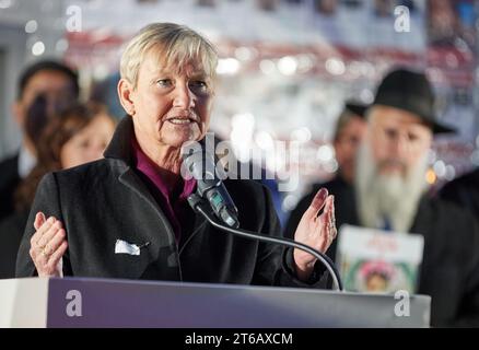 Hamburg, Germany. 09th Nov, 2023. Kirsten Fehrs, Bishop of Hamburg and Lübeck, speaks during the commemoration of the 85th anniversary of the pogrom night on November 9 at Joseph-Carlebach-Platz. On the night of November 9-10, 1938, the Nazis burned down synagogues across Germany, abused Jews and vandalized their homes and businesses. The pogrom night was the prelude to the systematic extermination of the Jewish population under National Socialism. Credit: Georg Wendt/dpa/Alamy Live News Stock Photo