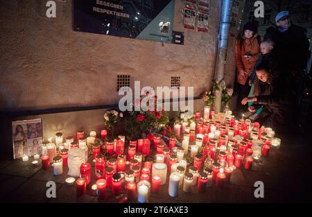 Hamburg, Germany. 09th Nov, 2023. Candles are placed on Joseph-Carlebach-Platz after the commemoration of the 85th anniversary of the pogrom night on November 9. On the night of November 9-10, 1938, the Nazis burned down synagogues across Germany, abused Jews and vandalized their homes and businesses. The pogrom night was the prelude to the systematic extermination of the Jewish population under National Socialism. Credit: Georg Wendt/dpa/Alamy Live News Stock Photo