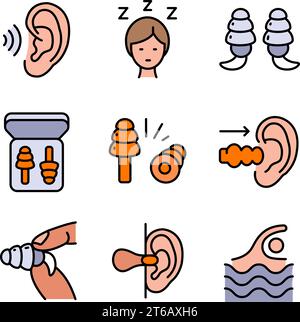 Earplugs color icons set. Care device. Ear protection. Vector signs ...