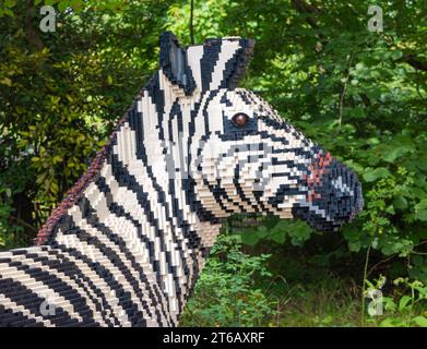 Zoo Planckendael, Mechelen, Belgium - Aug 29, 2023: Zebra built with Lego bricks. Brick Safari and Animal Expo. Stock Photo