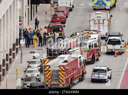 Austin Texas USA, November 9 2023: Austin Fire Department hazmat units converge on the William P. Clements State Office Building at 15th and Lavaca after a 'suspicious substance' was reported at the Texas Attorney General's office.. It was unclear if Texas Attorney General Ken Paxton was in the building at the time. ©Bob Daemmrich Stock Photo