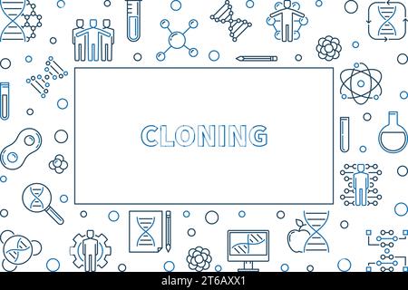 Cloning concept vector horizontal frame or illustration in thin line style on white background Stock Vector