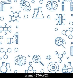 Chemistry blue linear square frame with empty space for text. Vector Science concept outline illustration on white background Stock Vector