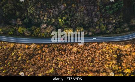 truck vehicle drive on Tresibaba mountain range nature aerial view in autumn day near Knjazevac Serbia top down Stock Photo