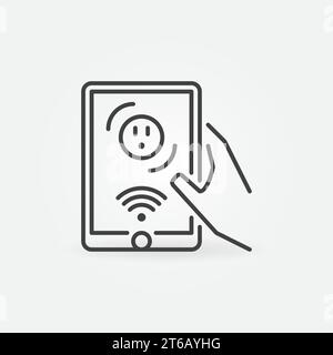 Hand holding tablet with US wi-fi smart socket vector outline icon Stock Vector