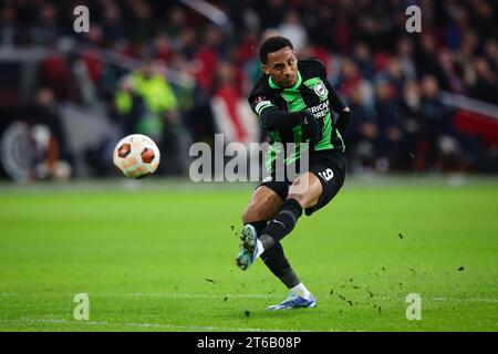 AMSTERDAM, NETHERLANDS - 9th Nov 2023:  Joao Pedro of Brighton & Hove Albion shoots during the UEFA Europa League Group B match between AFC Ajax and Brighton & Hove Albion at the Johan Cruyff ArenA  (Credit: Craig Mercer/ Alamy Live News) Stock Photo