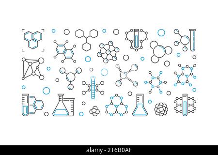 Chemical concept linear banner. Vector outline horizontal illustration on white background Stock Vector