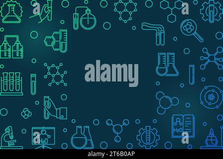 Horizontal vector frame with Chemistry linear icons - chemical illustration in thin line style on dark background Stock Vector