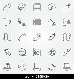 Optical fiber outline icons set. Vector fiber optic cable concept symbols or design elements in thin line style Stock Vector