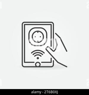Hand holding tablet with smart socket vector outline icon Stock Vector