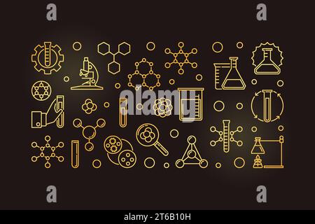 Vector Chemistry golden illustration or banner made with flask, test-tube, molecule, atom outline icons on dark background Stock Vector