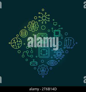 Machine Learning and AI concept vector outline colored illustration on dark background Stock Vector