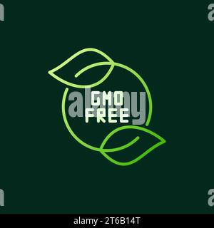 GMO Free with green leaves vector modern icon or logo in outline style on dark background Stock Vector