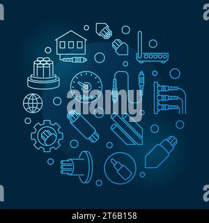 Vector Optical Fiber round concept blue outline illustration on dark background Stock Vector