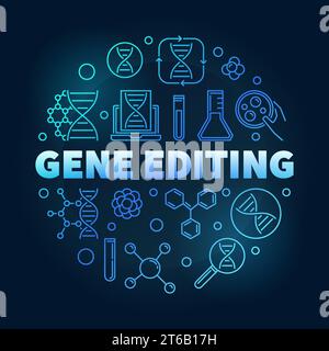 Gene Editing vector circular blue illustration in linear style on dark background Stock Vector