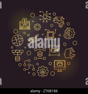 ML - Machine Learning Technology concept vector circular outline golden illustration on dark background Stock Vector