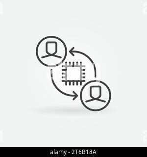 People connected with Arrows and Computer Chip inside vector outline concept icon or sign Stock Vector
