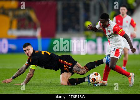 Prague, Czech Republic. 3rd May, 2023. OSCAR DORLEY of Slavia Praha fights  for the ball with Sparta's ADAM KARABEC (L) during Czech Cup of 2022-2023  at May 03, 2023, in Prague as