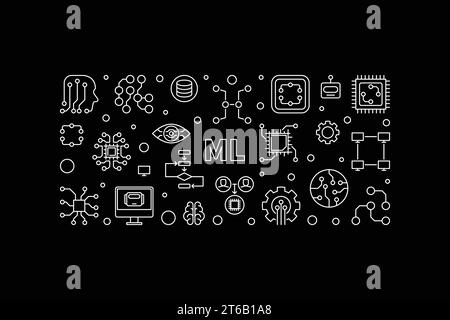 ML or Machine Learning concept vector outline horizontal illustration or banner with dark background Stock Vector
