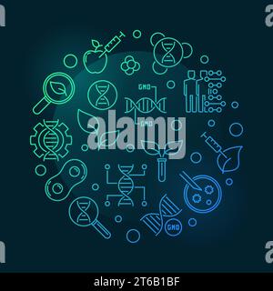 Genetically Modified Organism or GMO vector round outline colored illustration on dark background Stock Vector
