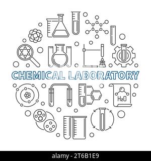 Chemical Laboratory vector concept round outline illustration. Chemistry concept background made with test-tubes, jars, beakers and flasks linear icon Stock Vector