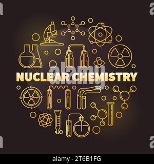 Nuclear Chemistry vector golden round illustration in thin line style on dark background Stock Vector