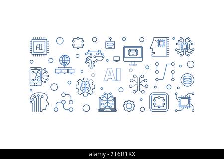 AI Artificial Intelligence concept vector outline creative horizontal illustration or banner Stock Vector