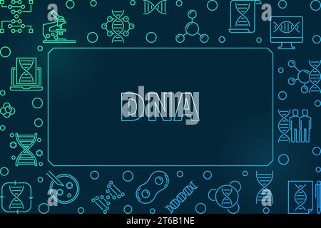 DNA horizontal colorful linear frame. Vector illustration made with deoxyribonucleic acid outline icons on dark background Stock Vector