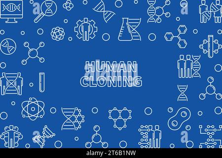 Human Cloning outline horizontal concept frame. Vector illustration in thin line style with blue background Stock Vector