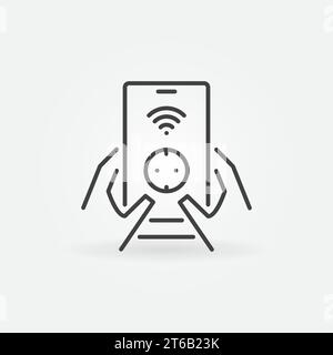 Smartphone with smart socket in hands vector icon in thin line style Stock Vector