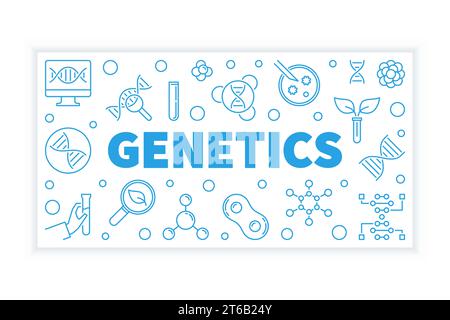 Genetics vector blue horizontal illustration in thin line style on white background Stock Vector