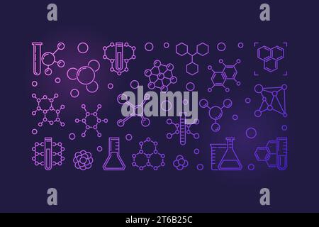 Chemical concept outline colored banner - vector Chemistry linear horizontal illustration on dark background Stock Vector