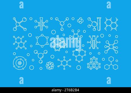 Molecule vector Chemistry concept illustration or banner in thin line style on blue background Stock Vector
