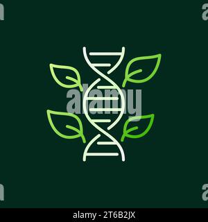 DNA Spiral with Green Leaves vector concept icon or logo in thin line style on dark background Stock Vector