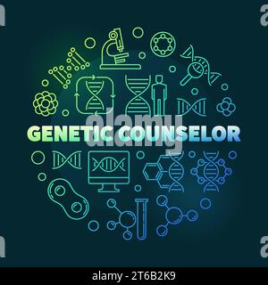 Genetic Counselor vector concept round colorful outline illustration on dark background Stock Vector