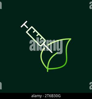 Syringe with green leaf vector modern outline icon or design element on dark background Stock Vector