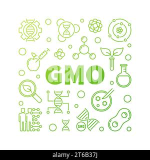 GMO vector square concept green illustration in thin line style on white background Stock Vector
