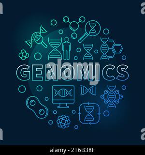 Genomics vector round blue concept outline illustration on dark background Stock Vector