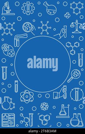 Vector Chemistry vertical banner with round frame in thin line style on blue background Stock Vector