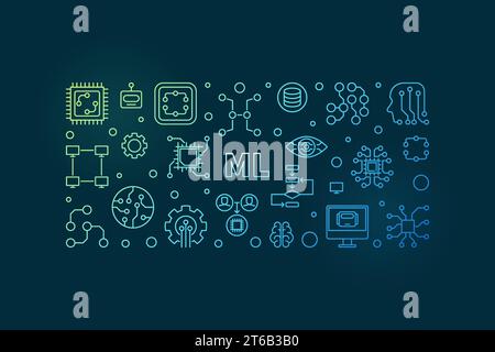 ML Machine Learning concept vector colored thin line horizontal illustration or banner on dark background Stock Vector