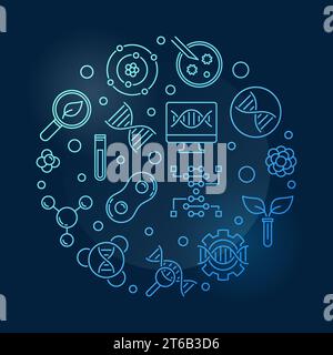 Genetics and DNA vector concept blue circular outline illustration on dark background Stock Vector