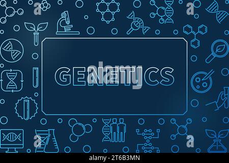 Genetics outline blue concept horizontal vector illustration or frame on dark background Stock Vector