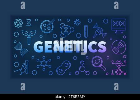Genetics colorful outline horizontal banner on dark background. Vector illustration Stock Vector
