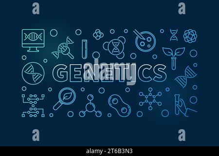 Genetics vector blue outline horizontal banner on dark background Stock Vector