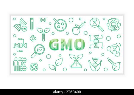 GMO vector concept green horizontal banner in thin line style Stock Vector