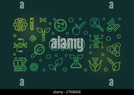 GMO concept vector colorful outline horizontal illustration or banner on dark background Stock Vector