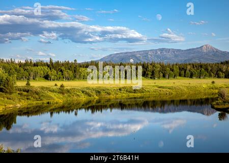 WY05675-00...WYOMING - Reflections in the Snake River at the Oxbow Bend in Grand Teton National Park. Stock Photo