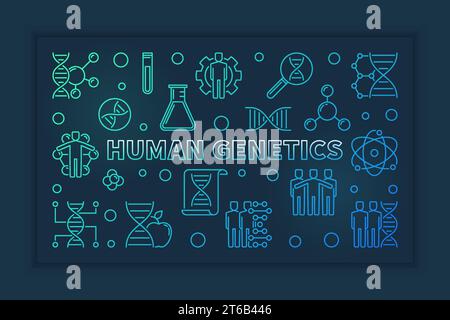 Human Genetics vector colorful linear horizontal illustration on dark background Stock Vector